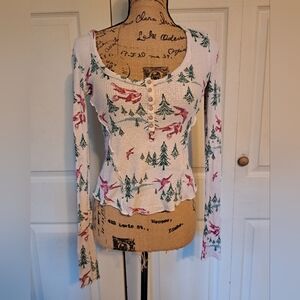 Free People Home All Day thermal Henley. Bird in the forest print, small